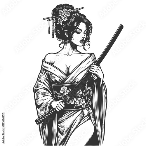 samurai woman in a kimono with katana, adorned with intricate details sketch engraving generative ai fictional character vector illustration. Scratch board imitation. Black and white image.