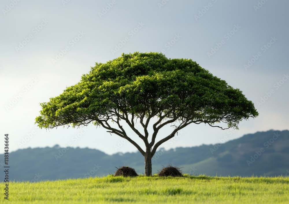 Obraz premium A solitary, lush green tree stands gracefully on a hill, surrounded by open fields and gentle hills in the background, under a serene sky.