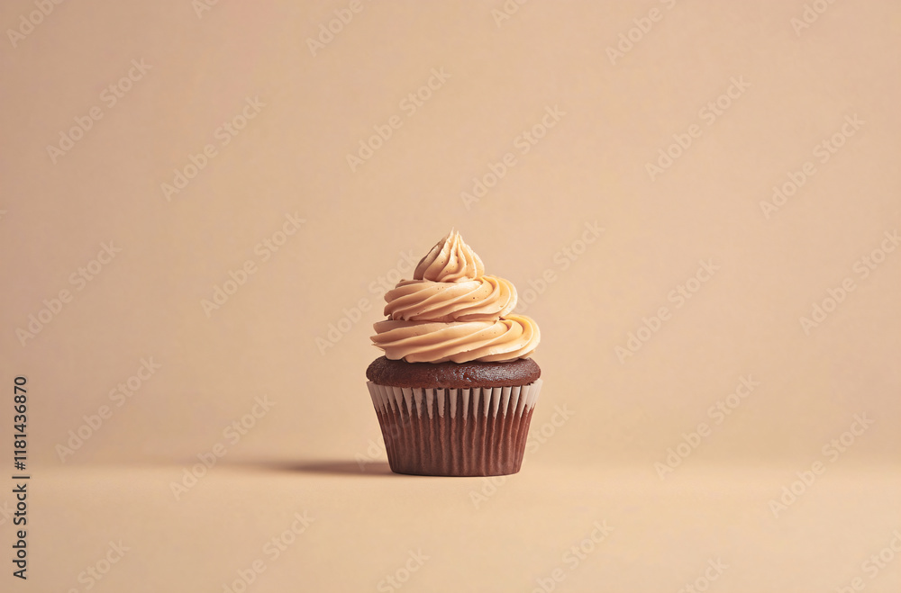 Chocolate cupcakes muffin with mocha mousse cream on a beige background. Design template for advertising sweets, pastries and cards for party, birthday and Valentine's day with place for text Chocolate cupcakes muffin with mocha mousse cream on a beige background. Design template for advertising sweets, pastries and cards for party, birthday and Valentine's day with place for text