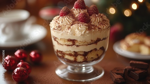 Creamy dessert with layers of cocoa and whipped cream served in glass at a co...