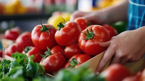 Fresh Organic Red Tomatoes and Green Herbs at a Local Farmers Market in Bright Natural Light