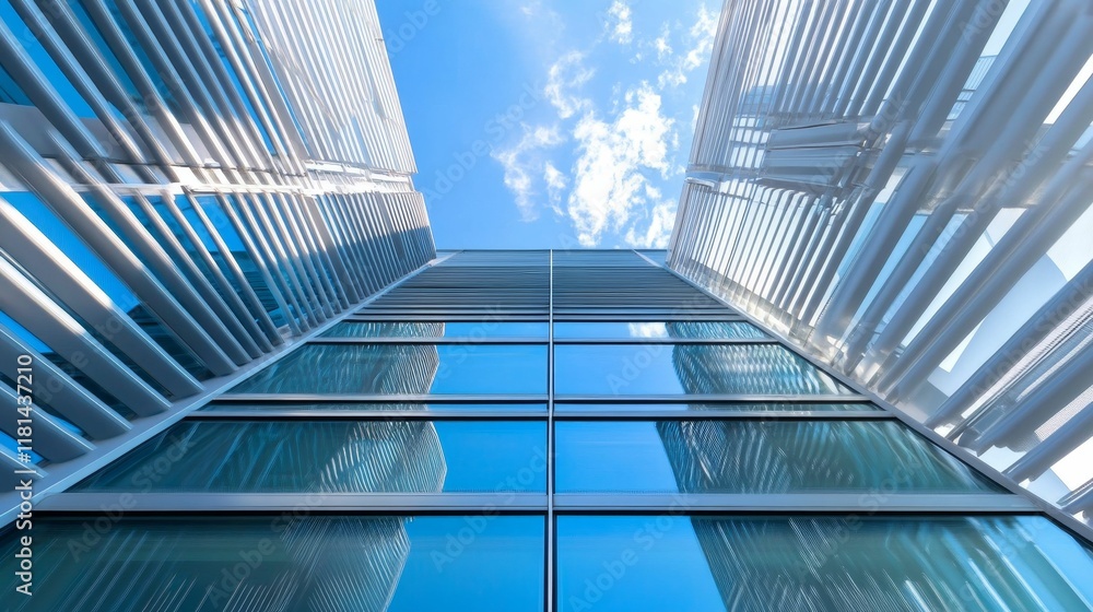 Modern building facade, glass, blue sky, geometric lines. Modern building facade, glass, blue sky, geometric lines.