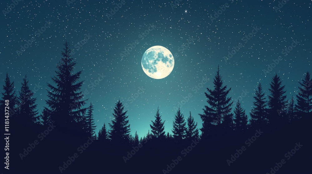 A serene night scene featuring a full moon illuminating a forested landscape under a starry sky. A serene night scene featuring a full moon illuminating a forested landscape under a starry sky.
