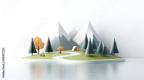 A tranquil paper landscape of a national park, with paper trails, paper wildlife, and paper campers enjoying the natural beauty and serenity of the park