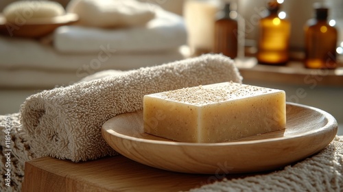 Natural soap and towel on wooden plate in serene bathroom setting with essent...
