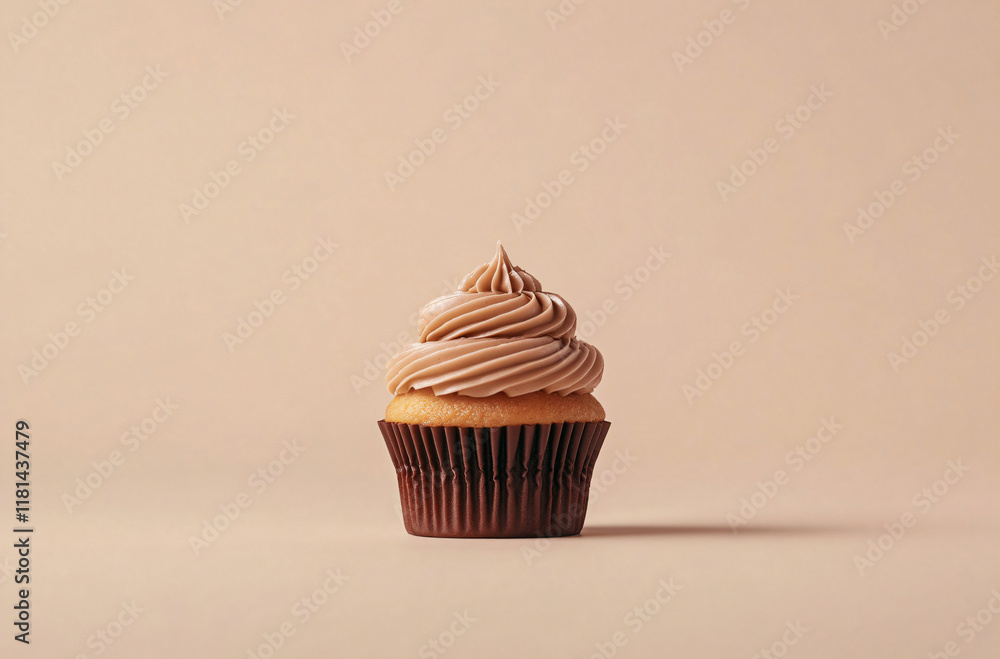 Vanilla cupcakes muffin with mocha mousse cream on a beige background. Design template for advertising sweets, pastries and cards for party, birthday and Valentine's day with place for text Vanilla cupcakes muffin with mocha mousse cream on a beige background. Design template for advertising sweets, pastries and cards for party, birthday and Valentine's day with place for text