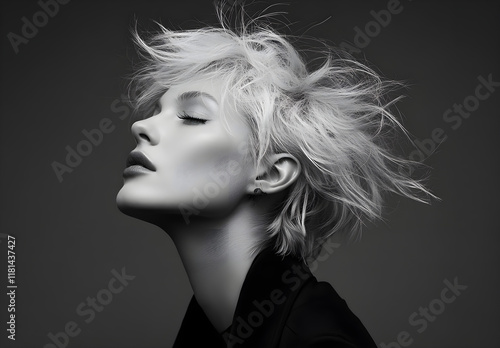 White background, beautiful woman with short white hair, hair blowing in the wind, pale skin, beauty portrait photography, fashion magazine style, high contrast, soft lighting, black and white, 