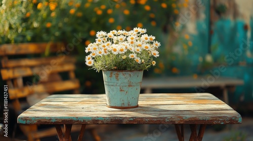 Beautiful daisies blooming in a rustic pot on a wooden table during a gentle ...
