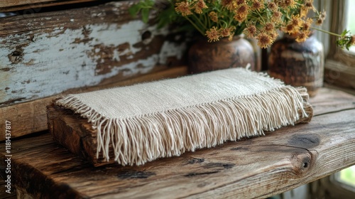 Macrame wall hanging decorated with pine branches and pinecones on wooden bac...