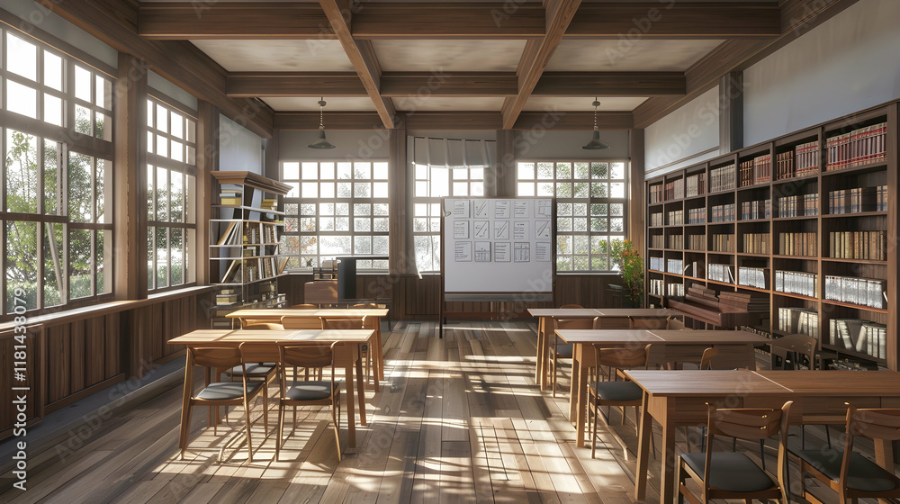 Empty classroom with wooden desks, chairs, bookshelves, and projector screen.