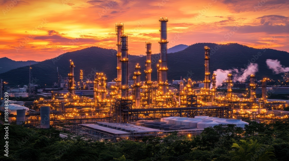 Fototapeta premium Industrial Landscape at Dusk with Reflected Lights on Oil Refinery Towers Against Vibrant Sky and Mountains in Background