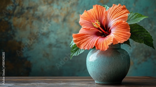Bright orange hibiscus flower in a teal vase with green leaves on a rustic wo...