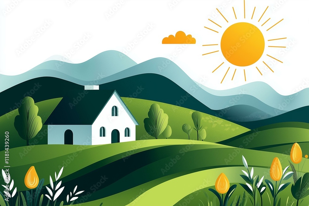 Fototapeta premium A serene rural landscape featuring a white house, green hills, vibrant flowers, and a bright sun shining above.