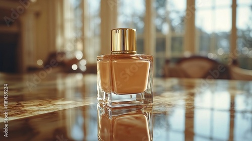 Beautiful golden perfume bottle displayed on a polished surface in a modern s...