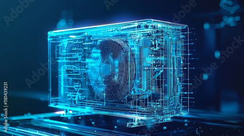 Digital hologram representation of a futuristic electronic cooling device in neon light