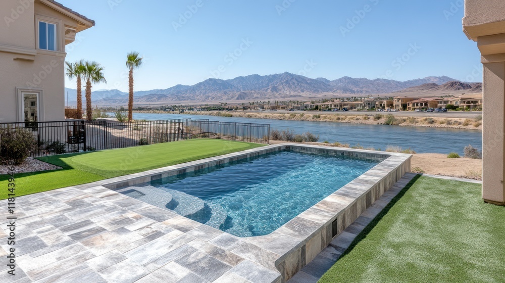 Obraz premium Luxury Poolside Paradise with Stunning Mountain and River Views