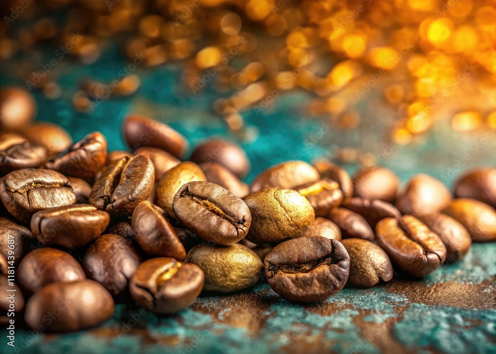 Retro teal gold backdrop showcases tilt-shift coffee beans; abstract texture, product photo with ample copy space. Retro teal gold backdrop showcases tilt-shift coffee beans; abstract texture, product photo with ample copy space.