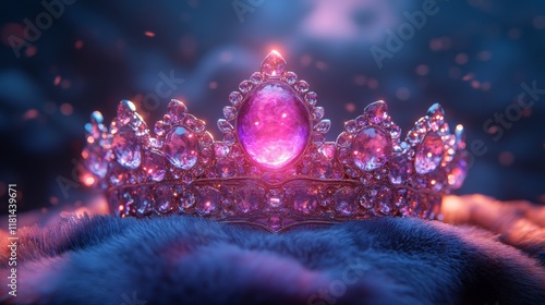 Elegant crown adorned with blue jewels resting on a soft surface in a serene ...