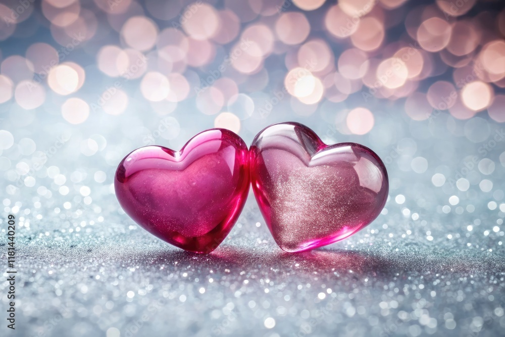 Obraz premium Romantic pink glass hearts glitter, perfect Valentine's Day background.