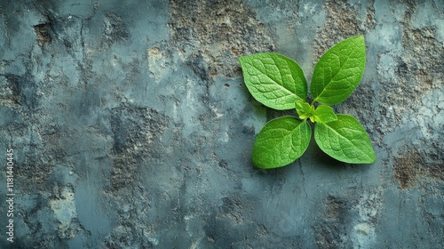 Green leaves casting shadows on a soft teal surface in natural light