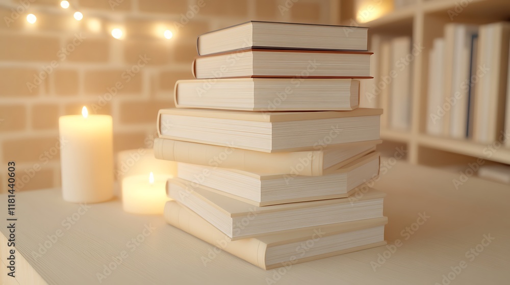 A stack of coral, pink, and teal books on a modern wooden desk with a lit candle softly glowing, creating a cozy reading space A stack of coral, pink, and teal books on a modern wooden desk with a lit candle softly glowing, creating a cozy reading space