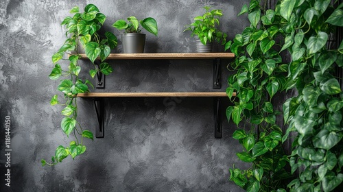 Lush green plants cascading over a black shelf against a dark green wall in a...