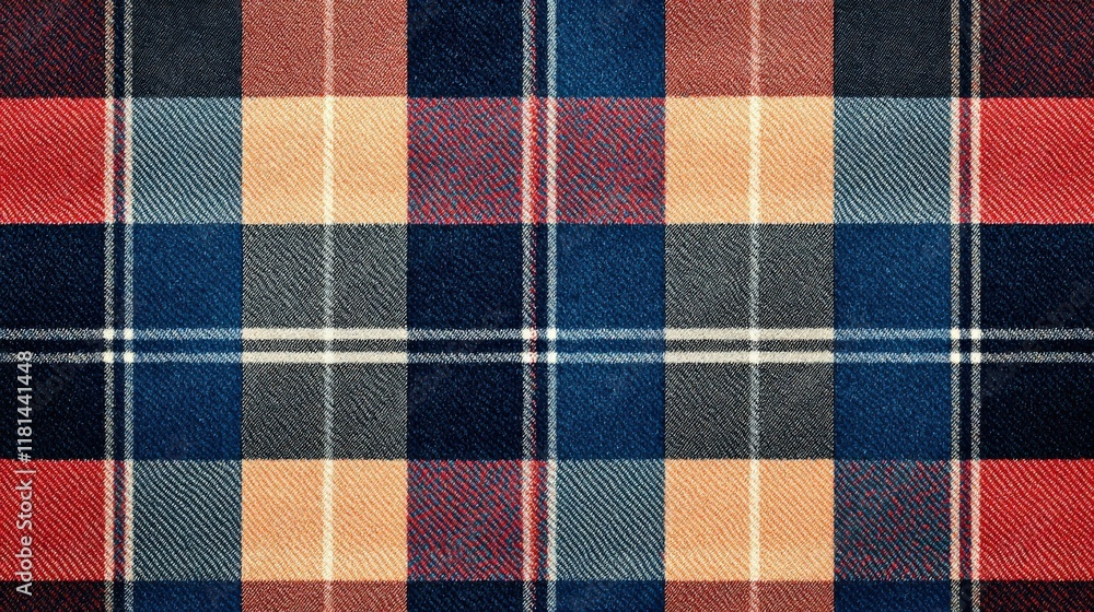 A colorful plaid fabric pattern featuring alternating squares in shades of red, blue, and beige, creating a classic, warm aesthetic. A colorful plaid fabric pattern featuring alternating squares in shades of red, blue, and beige, creating a classic, warm aesthetic.