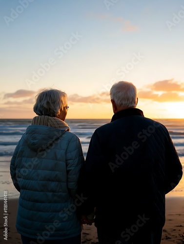 An older couple standing on a beach, holding hands, and watching a beautiful sunset. The scene should be warm, with the sun low in the sky casting a golden glow over the ocean waves. The couple photo