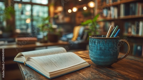 Eclectic reading nook with an open book and a coffee mug in a cozy library se...