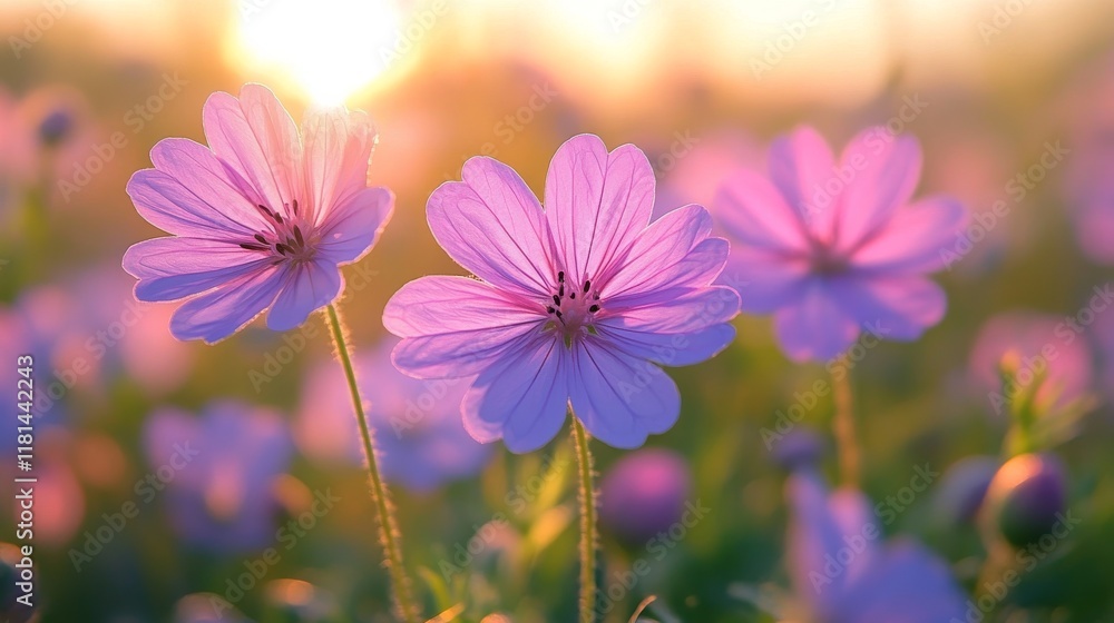 Sunrise over a blooming flower field at dawn in a serene landscape Sunrise over a blooming flower field at dawn in a serene landscape