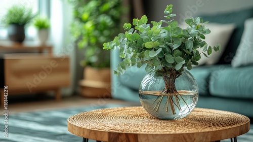 Cozy living room with candle and eucalyptus in evening light creating a peace...