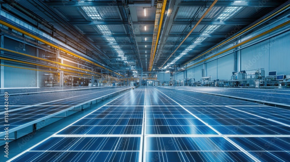 Modern Solar Panel Manufacturing Facility with Wide Rows of Solar Panels under Bright Industrial Lighting and Advanced Technology Infrastructure Modern Solar Panel Manufacturing Facility with Wide Rows of Solar Panels under Bright Industrial Lighting and Advanced Technology Infrastructure