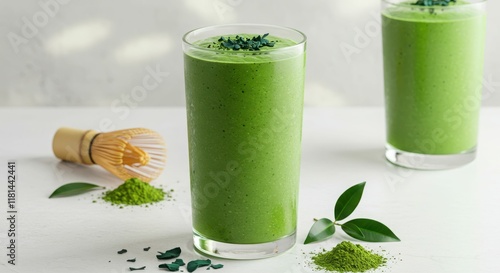 Refreshing green matcha smoothie with spirulina and fresh leaves