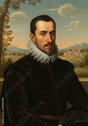 Renaissance Gentleman Portrait: A dignified portrait of a Renaissance-era gentleman, captured in rich detail, wearing a dark velvet doublet and a large, intricately pleated white collar.