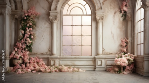 Vintage castle wall with floral decoration wedding backdrop