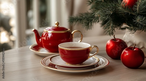 Elegant tea setting with cherry blossom decoration in a modern tea room
