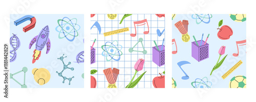 Seamless school patterns with science, music, and educational elements in flat doodle style