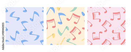 Seamless patterns with colorful music notes on pastel backgrounds in flat doodle style