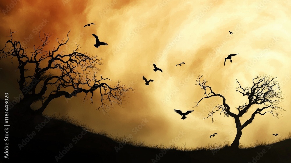 Fototapeta premium A tornado forming in the distance, with birds fleeing the area and trees bending in the wind,