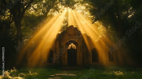 Sunlit Stone Chapel: Golden Rays Illuminate Gothic Ruins photo