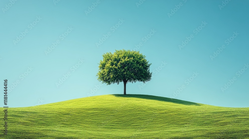 Fototapeta premium Solitary tree on a vast hill under a blue sky at dawn