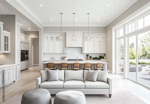 Blurred living room interior with large windows and sun rays photo