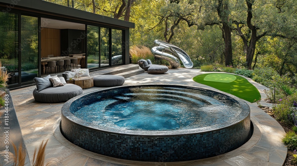 Luxury Backyard Oasis: Modern Hot Tub, Landscaping, and Playful Slides Luxury Backyard Oasis: Modern Hot Tub, Landscaping, and Playful Slides