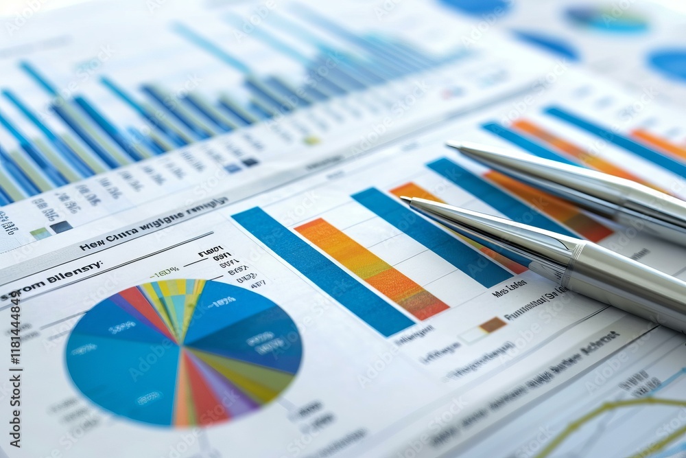 Two metallic pens lie on colorful charts and graphs, showcasing key business performance indicators and financial data analysis Two metallic pens lie on colorful charts and graphs, showcasing key business performance indicators and financial data analysis