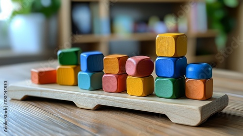 Colorful stacked books and wooden blocks on a textured rug in a cozy indoor s...