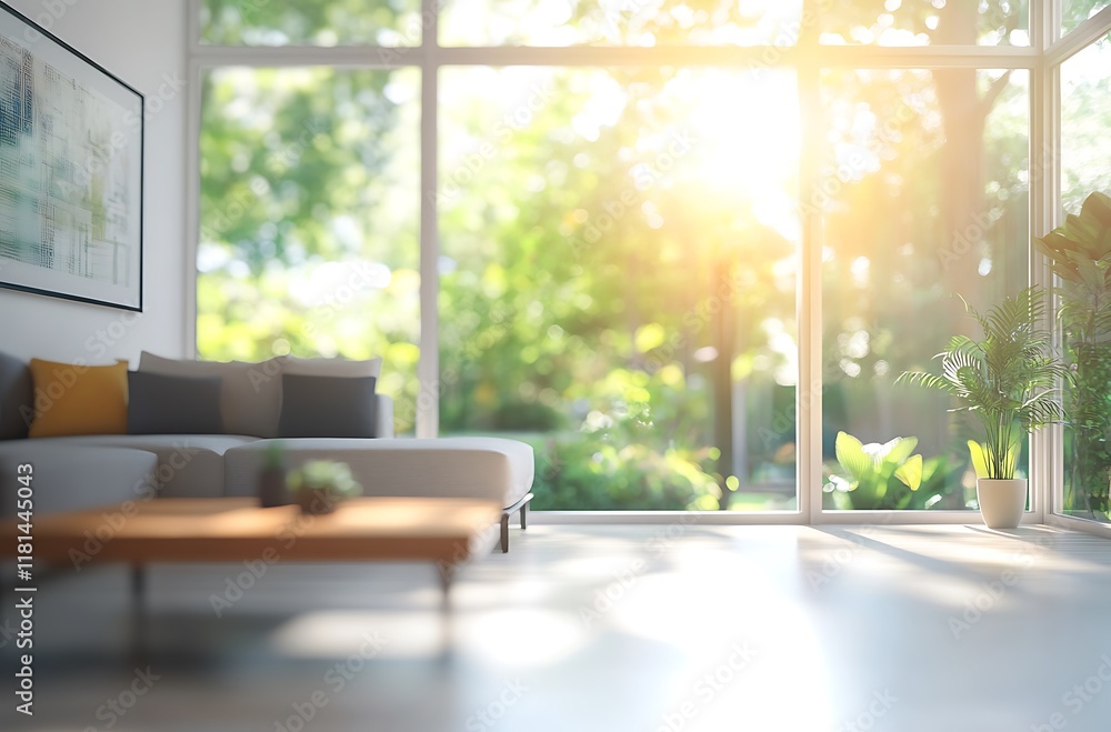 Fototapeta premium Blurred living room interior with large windows and sun rays