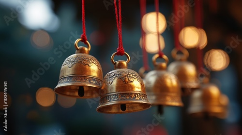 Holiday decoration featuring golden ornaments and red ribbons on a white wall...