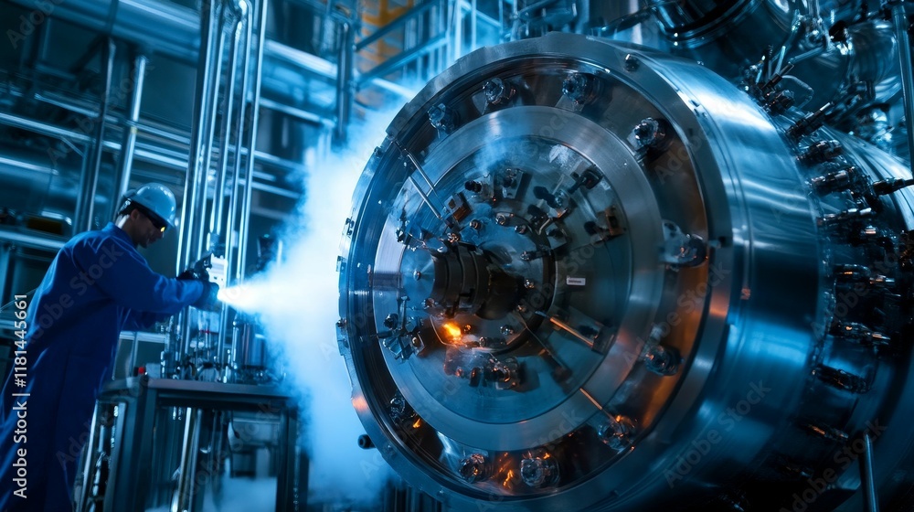 Industrial worker inspecting large metal machine, steam visible. Industrial worker inspecting large metal machine, steam visible.