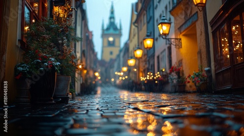 Charming cobblestone street in a historic town during a rainy evening with il...