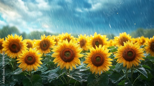 Sunflowers bloom under a vibrant sky with clouds and rain in a beautiful land...